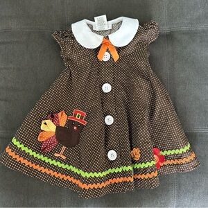 Vintage Bonnie Baby Brown Polka Dot Turkey Appliqué Dress with Orange Trim